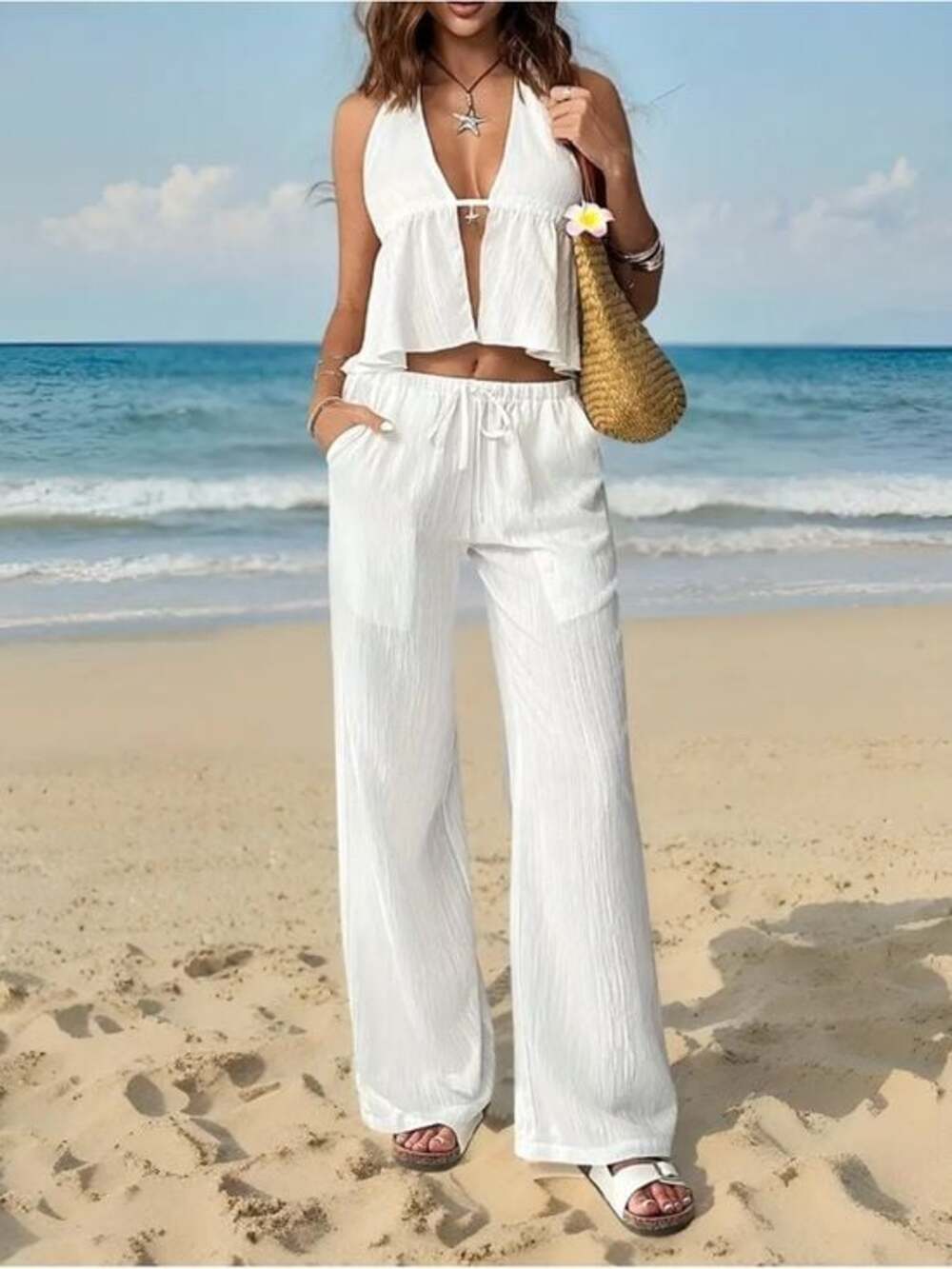 Women's White Wide-Leg Two-Piece Set with Halter Top